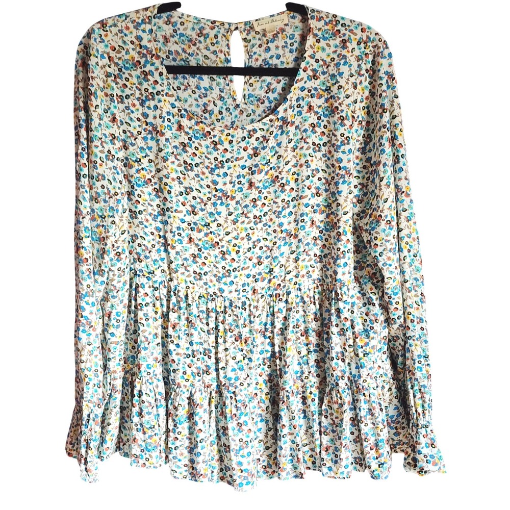 Jane and Delancey Womens Cottagecore Floral Peplum Smocked Cuffs Rayon Top Large